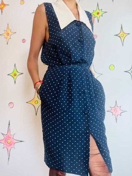 Vintage Evan-Picone Navy Polka Dot Silk Secretary Dress w/ Collar | Size 6