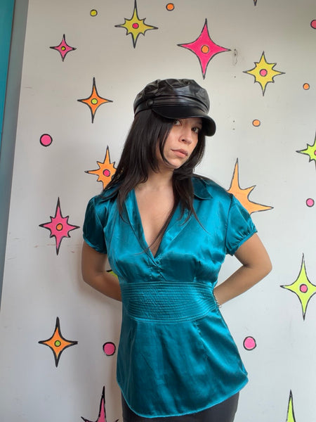 Y2K Teal Satin Blouse | Office Siren Glam Academia Shimmer Top Medium