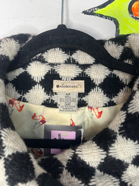 Y2K Black & White Vegan Fur Crop Coat Harlequin Clowncore Glam 60s Style - S