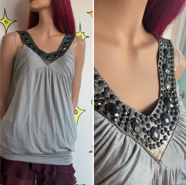 Y2K Silver Embellished Tank Top | McBling Fairy Grunge Glam Stretch Cami M