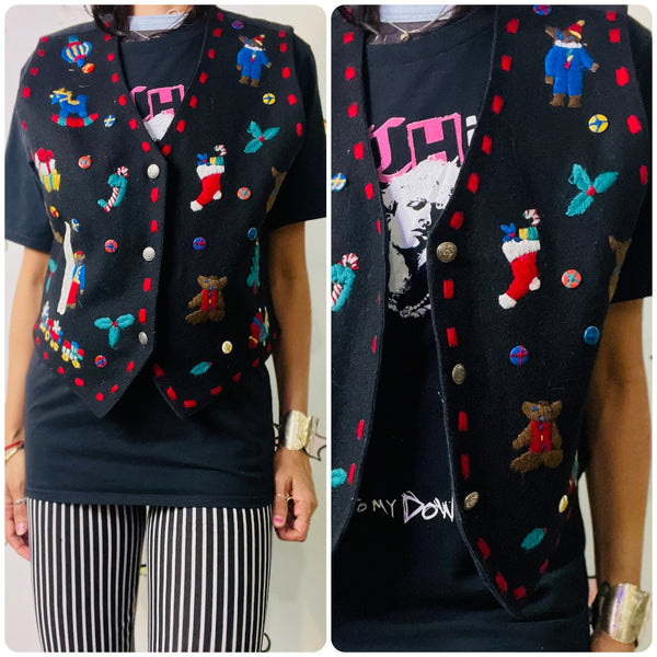 Vintage 80s 90s Patchwork Embellished Ugly Christmas Sweater Xmas Party Vest – M