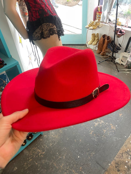 Cherry Red Felt Western Boho Hat Wide Brim Grunge Festival Fedora