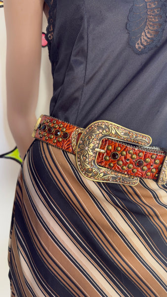 Y2K Rhinestone Studded Cowhide Leather Belt Western Cowgirl Bling Statement Belt
