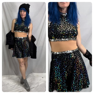 Vintage Dance Costume | Silver Disco Space Alien Bowie Hologram Mini Dress | S