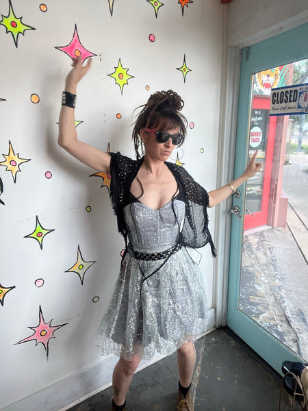 90s Blondie Nites Strapless Silver Glitter Cupcake Prom Dress Y2K Fit & Flare XS