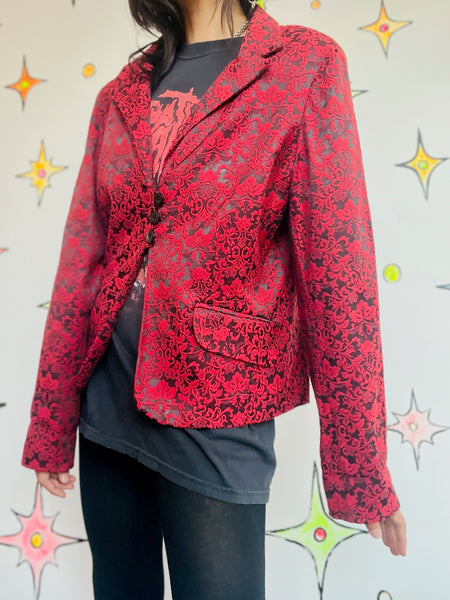 Y2K Red Baroque Damask Jacket Whimsy Goth Vampire Gothic Punk Statement Blazer L