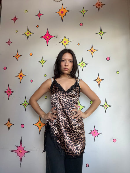 Vintage Satin Leopard Print Dress Animal Print Mini Indie Sleaze Goth Vixen M