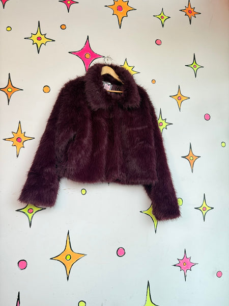 Y2K Purple Faux Fur Coat Plush Teddy Jacket Goth Glam McBling Cozy Grunge L XL