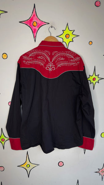 Men's Western Black and Red Pearl Snap Shirt Embroidered Cowboy Rodeo XL+