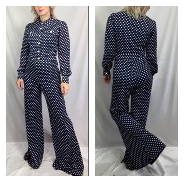 Vintage 60s 70s | Navy MOD Groovy Bellbottoms Pantsuit 2 Piece Suit Set | S