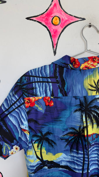 Blue Hawaiian Aloha Shirt Vintage Tiki Party Button Up Tropical Shirt SM