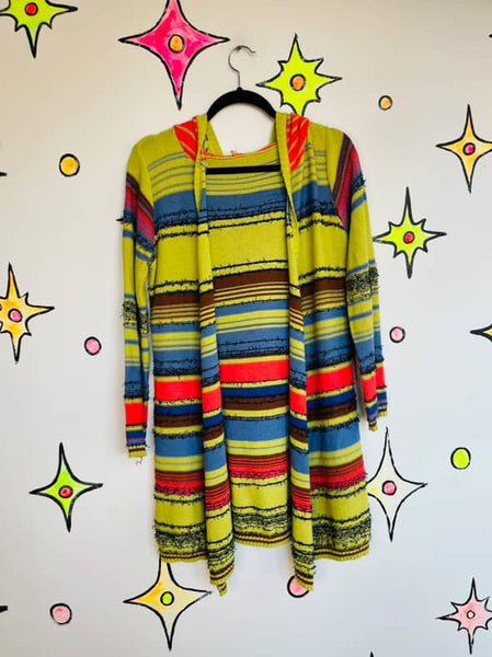 Y2K Rainbow Striped Hooded Cardigan Southwestern Boho Fairy Grunge Sweater – M/L