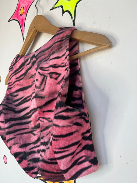 Pink Tiger Print Cropped Vest | Y2K Glam Grunge Rocker Vegan Suede Top – S