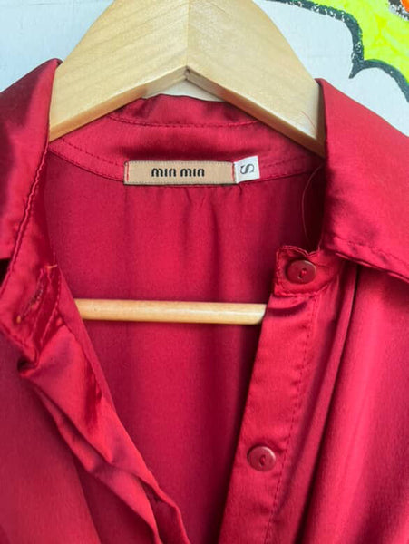 Y2K Cherry Red Silky Shirt Dress - Copycat Miu Miu Style - Small