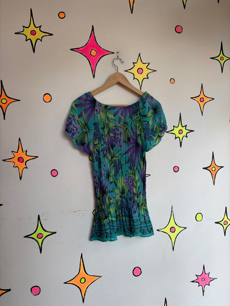 Y2K Neon Hawaiian Tank Top Miami Maximalist Fairy Grunge Cyber Y2K Pleated Top L