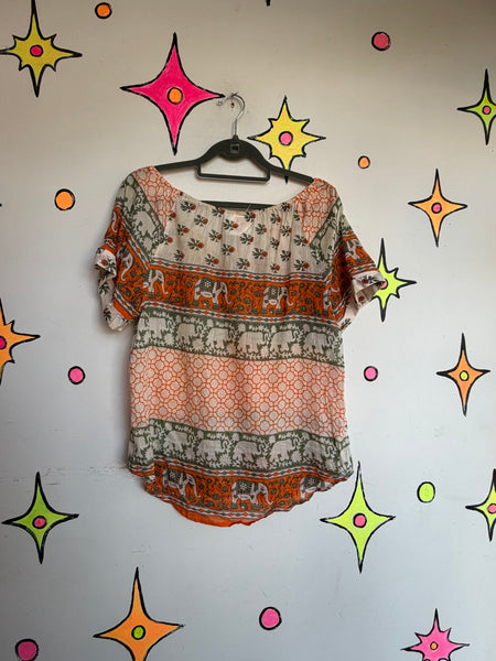 Sheer Elephant Print Cotton Boho Layering Top Earthy Fairy Resort Grunge | M
