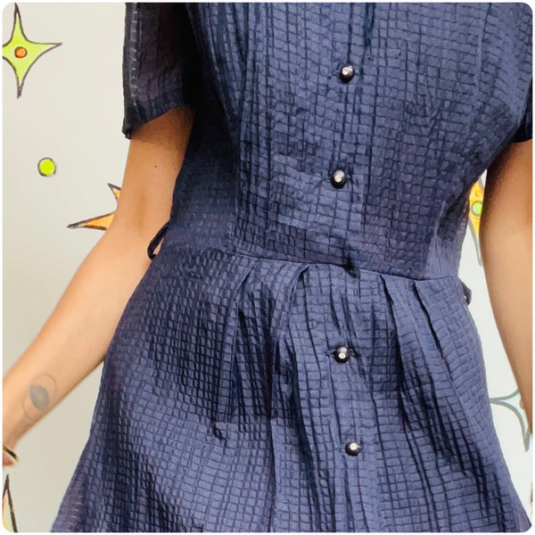 Vintage 40s 50s | Navy Cotton Pin Up Shirt Swing Dress with Pretty Buttons | ML
