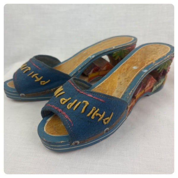 Vintage 1940s Hand Carved Painted Wooden Platform Heels Philippines Folk Art - 6