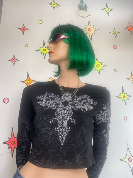 Black Mall Goth Tattoo Graphic Long Sleeve Baby Tee Y2K Grunge Crop Top - S