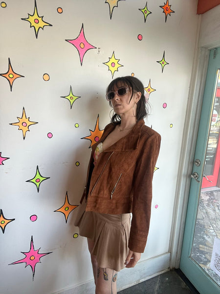 White House Black Market Suede Jacket | Brown Leather Western Boho Moto Jacket M