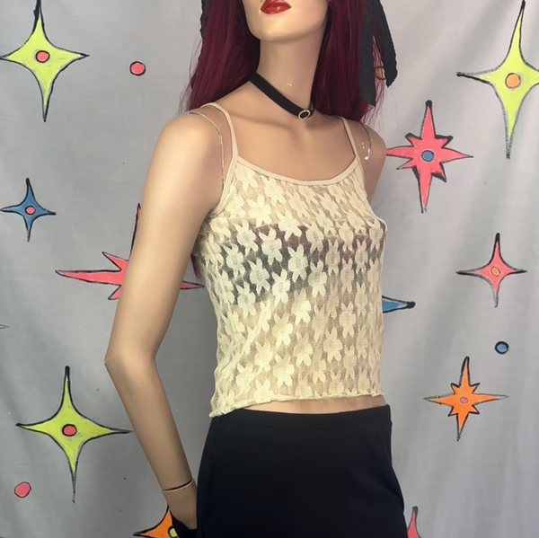 90s Lace Camisole Off White Daisy Print Coquette Fairy Grunge Y2K Top