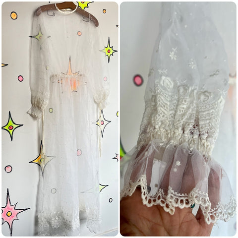 Vintage Sheer White Lace Angel Vamp Cottagecore Dress Romantic Boho Fairy Maxi S
