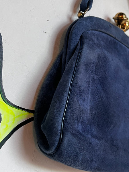 Blue Suede Clutch – 1940s Waldman Purse – Art Deco – Vintage Soft Suede Handbag