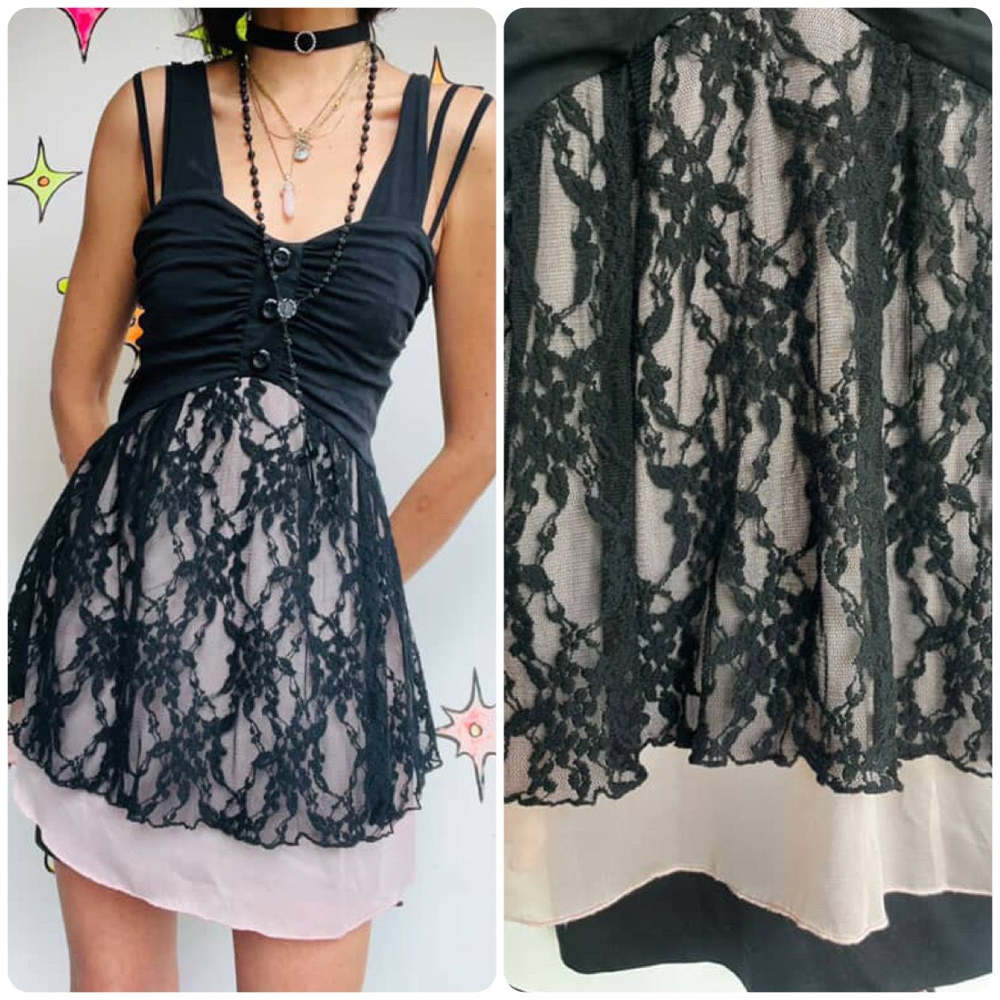 Vintage Y2K Black Pink Lace Sheer Babydoll Whimsy Goth Fairy Grunge Mini Dress M