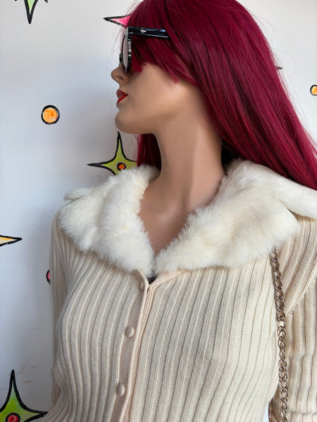 Vintage 90s Ann Taylor Off-White Cashmere Fur Trim Cardigan Coquette Glam S