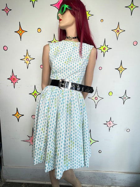 Vintage 1950s White Blue Floral Twirl Dress Retro Rockabilly Fit & Flare S