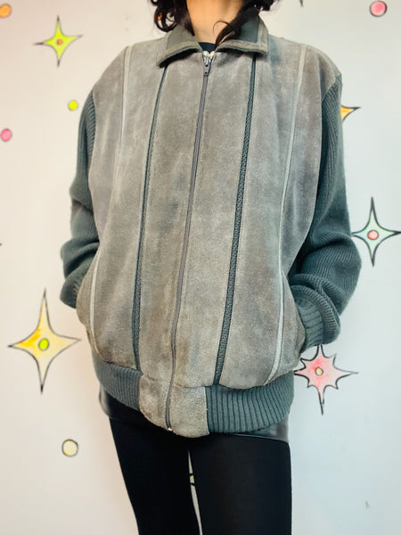 Vintage 90s Gray Suede Leather Bomber Sweater Moto Jacket - Retro Grunge - L
