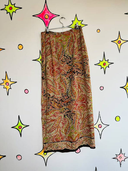 Y2K Boho Fairy Grunge Paisley Silk Wrap Maxi Skirt | Paisley Print | Size 6