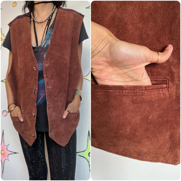 Vintage Brown Suede Leather Oversized Vest – Rocker Grunge Western Boho - XL