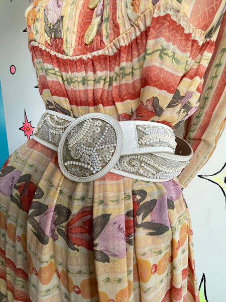 Beaded White Leather Belt Fairy Mermaidcore Western Boho Cinch Accessory