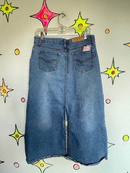 Y2K Embellished Denim Maxi Skirt Tattoo Print Patchwork Fairy Grunge Alt L