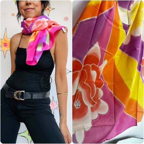 Vintage NIB Rainbow Watercolor Silk Scarf | Wearable Art Day Glow Fairy Grunge