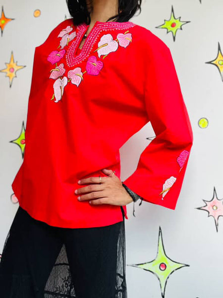 Vintage Cherry Red Boho Embroidered Cotton Blouse – Peasant Folk Top – Flowy XL