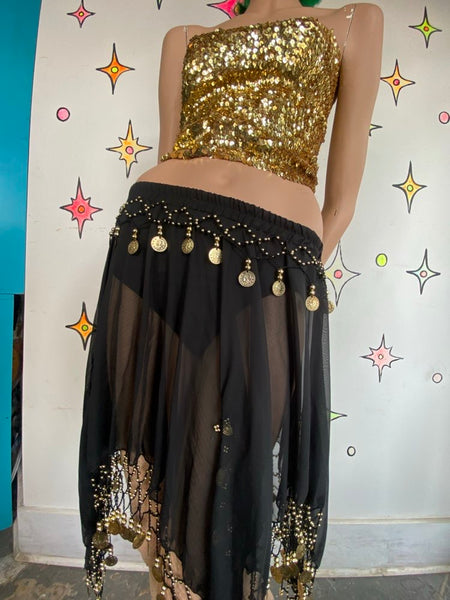 Black and Gold Asymmetrical Chainmail Skirt Coin Sheer Belly Dance S
