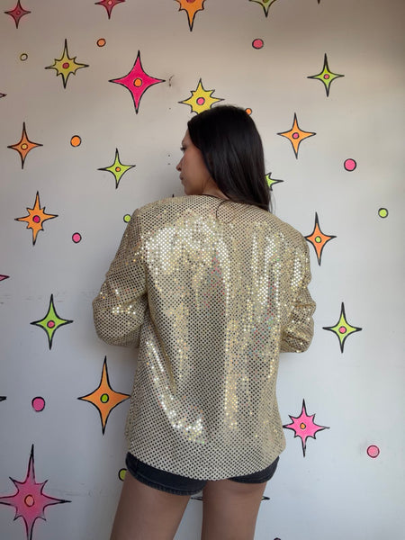 Vintage 80s Gold Sparkle Disco Blazer Metallic Party Jacket Glam Rock Small