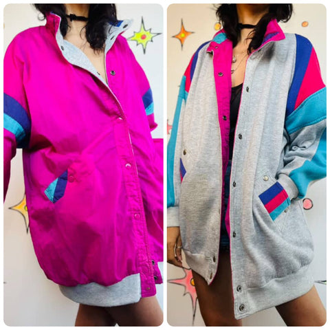 Vintage 80s 90s Rainbow Colorblock Reversible Windbreaker Jacket – Unisex Large