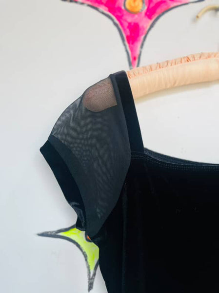 Vintage 90s Black Velvet Maxi Dress w/ Sheer Sleeves – Fairy Grunge Goth – L