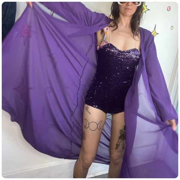Vintage Purple Chiffon Kimono Robe Vamp Goth Boudoir Lingerie Layering Robe XL+