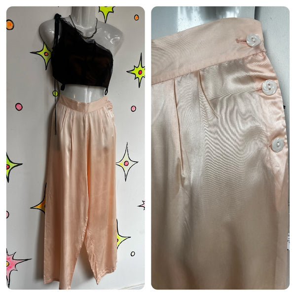 Vintage Antique 1930s | Pink Silk High Waisted Loungewear Trousers Pants | 26