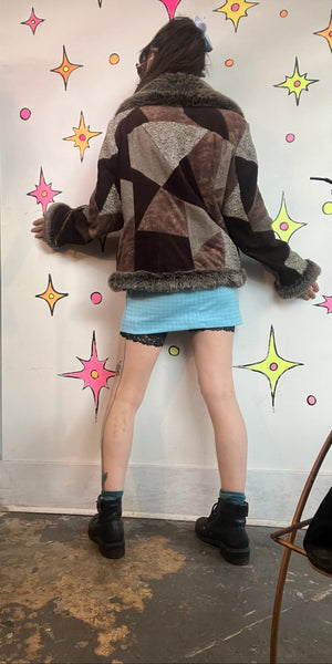 Y2K Penny Lane Faux Fur Patchwork Coat Boho Glam Western Festival Luxe L