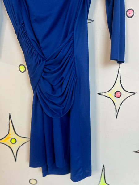 Vintage 80s Blue Glitter Sequin Party Dress ' Old Money Glam ' Shoulder Pads XL
