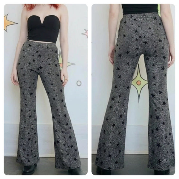 Silver Metallic Velvet Star Bellbottoms Disco Pants Glam Witchy Groovy S