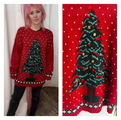 Vintage 80s 90s | Red Embellished Knit Tacky Ugly Oversized Christmas Sweater | M