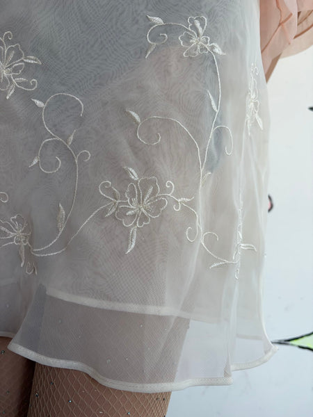 90s White Ruffle Lace Chiffon Silk Blend Slip Dress Soft Grunge Babydoll M