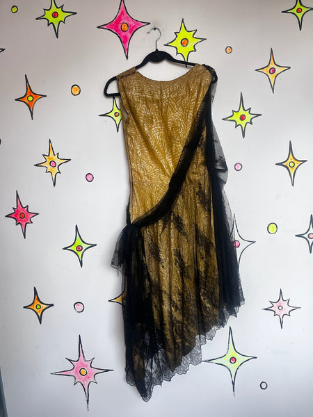 Antique 1920s Gold and Black Lace Flapper Party Dress | Gatsby Era Evening Gown