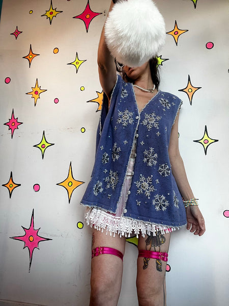Vintage Christmas Vest Embellished Embroidered Beaded Snowflake Holiday XL